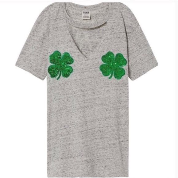 Like New VS PINK St. Patrick’s Day Shamrock Bling Shirt - Picture 1 of 9